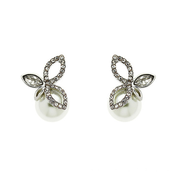 925 Silver Finesse Crystal and Pearl Leaf Stud Earrings jewelry with Gold Plated